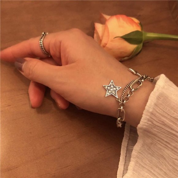 *925 Sterling Silver Diamond Star Link Bracelet - Picture 6 of 12